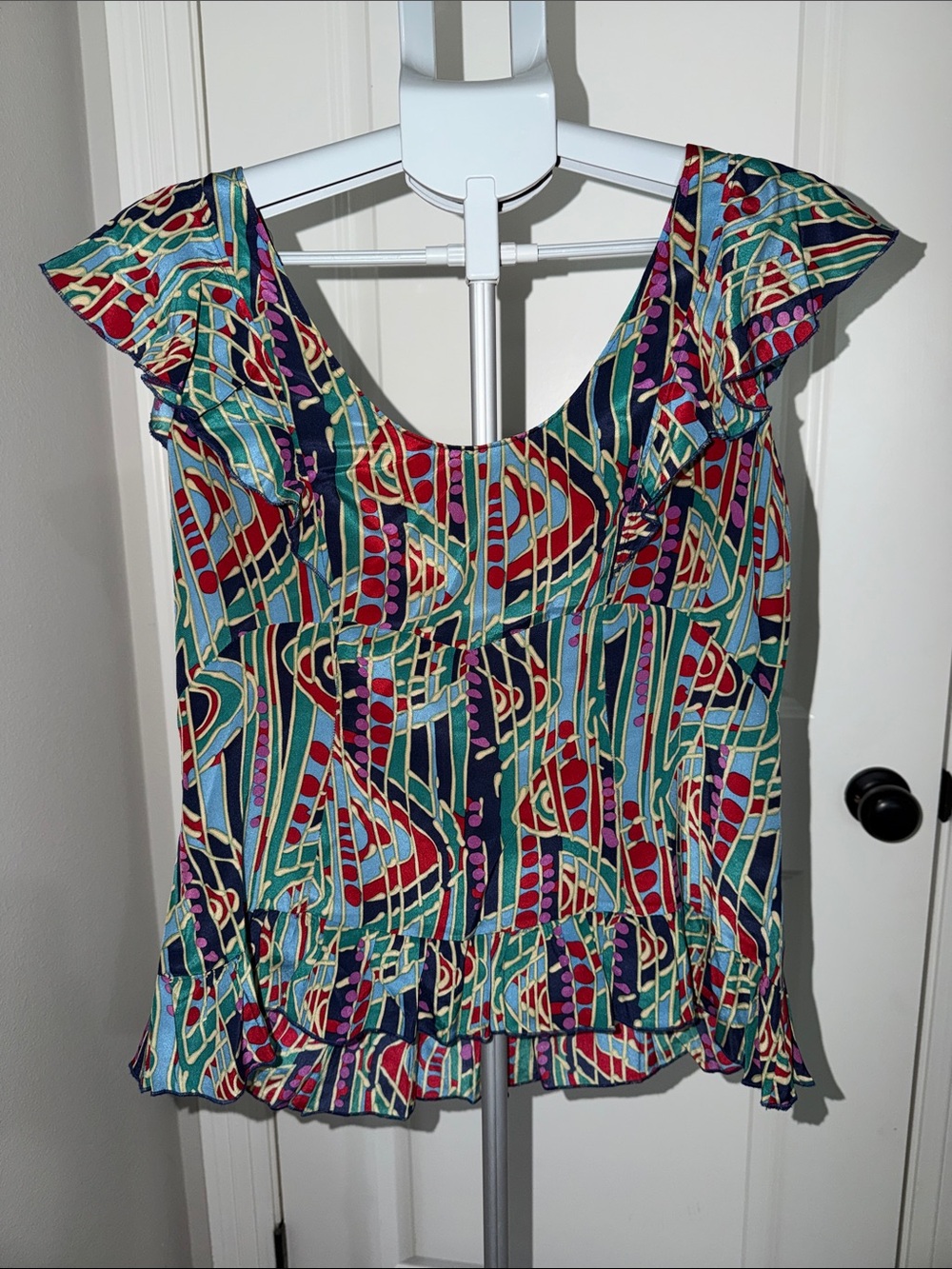 Marc Jacobs Navy Multicolor Geometric Silk Ruffle-Sleeve Blouse